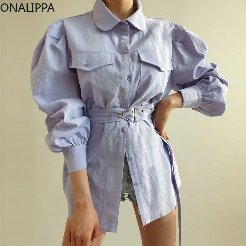 

ONALIPPA Осенняя французская простая темпераментная рубашка с отложным воротником и двумя карманами однобортная приталенная рубашка с завязк...