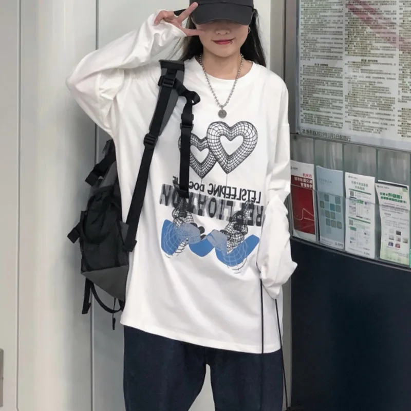 Y Demo Harajuku свободная футболка с длинным рукавом и принтом Женский пуловер круглым