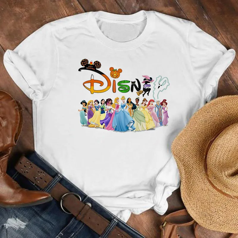 

Women T-Shirts Disney Princesses Party Cute Cartoon Printed Short Sleeve Tops Ladies White T Shirts for Summer Female Clothing