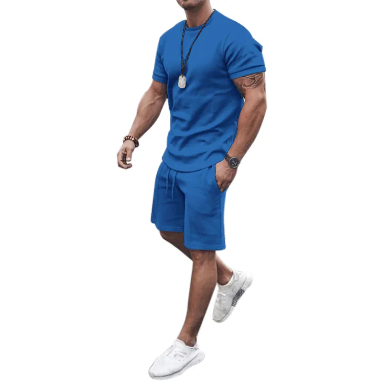 

Men's Fitness Shorts Summer Short-sleeved T-shirt 2-piece Set Loose Trend Round Neck Casual Sports Suit XL M---5XL