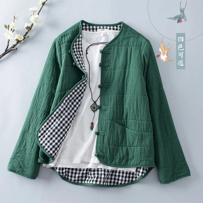 

New Arrival Autumn Winter Arts Style Women Long Sleeve Single Breasted Quilted Warm Coats Cotton Linen Vintage Jackets S556