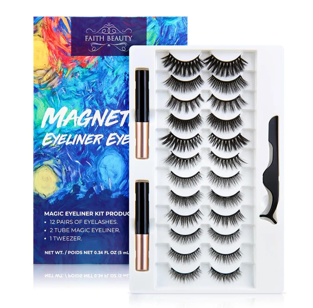 

12 Pairs of Magnetic Eyelashes 3D False Mink Eyelashes Magnetic Liquid Eyeliner With Magnetic False Eyelashes & Tweezer Set T