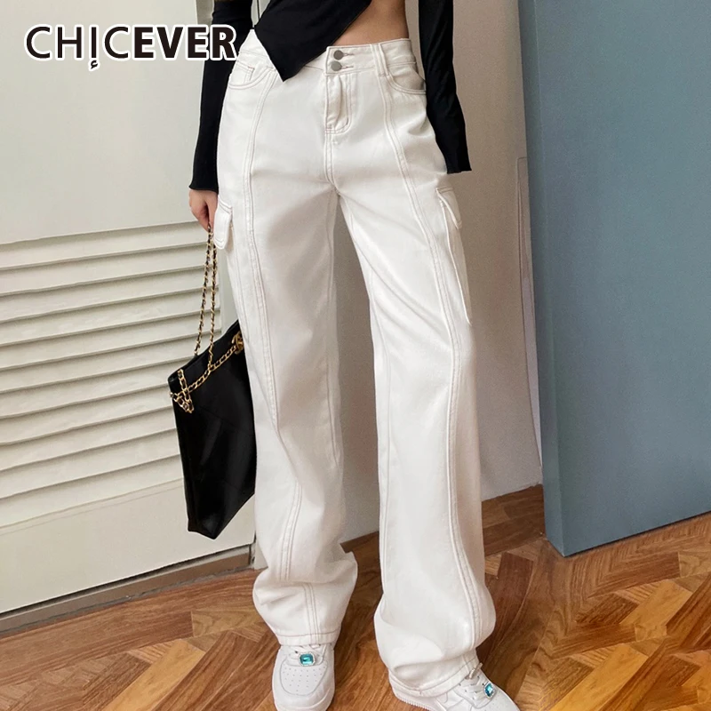 

CHICEVER белые прямые повседневные женские джинсы с принтом с высокой талией темпераментные модные брюки для женщин осенний стиль 2021 новая оде...