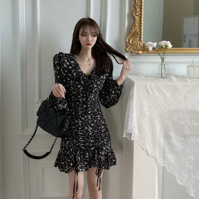 Korean style ruffles print mini-dress woman v-neck designer fashion brand bodycon dresses evening party autumn ladies vestidos | Женская