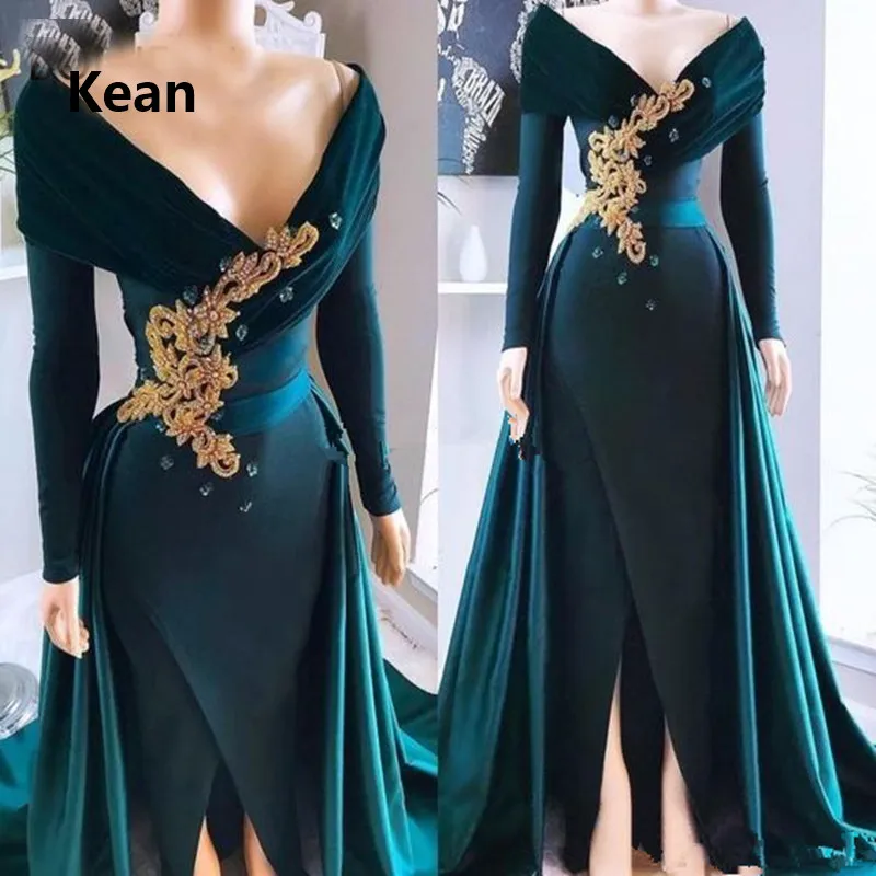 

Emerald Green Evening Dress Slit Detachable Train Off Shoulder vestido Islamic Dubai Kaftan Saudi Arabic Evening Gown Prom Dress