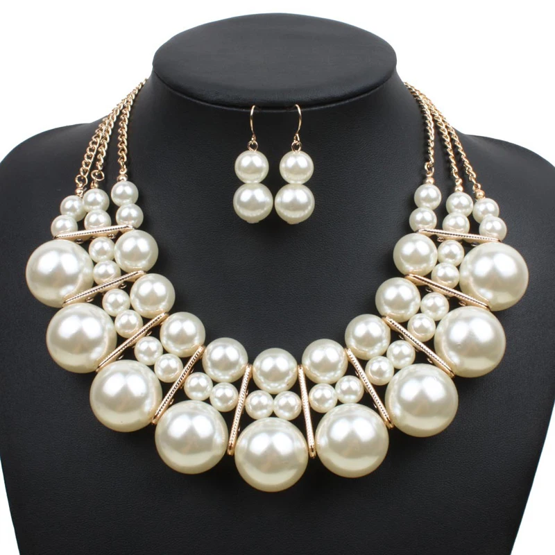

Luxury Woman Bright Artificial Pearl Necklace Jewelry Sets For Women Fashion Strand Nigeria Beads Layered Wedding Party Choker