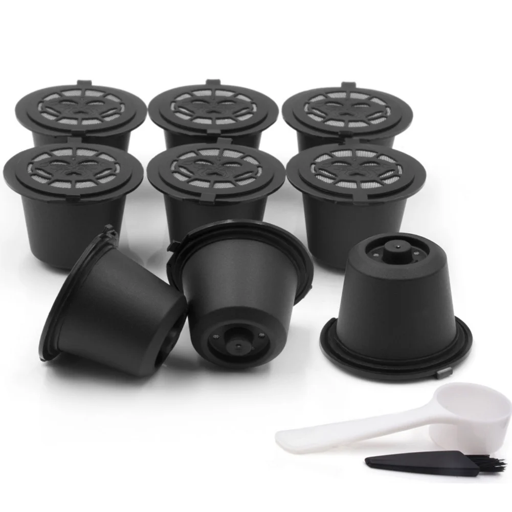 

1PCS Reusable Coffee Capsules Cup With Spoon Brush Black Refillable Coffee Filter Basket Cup Coffeeware