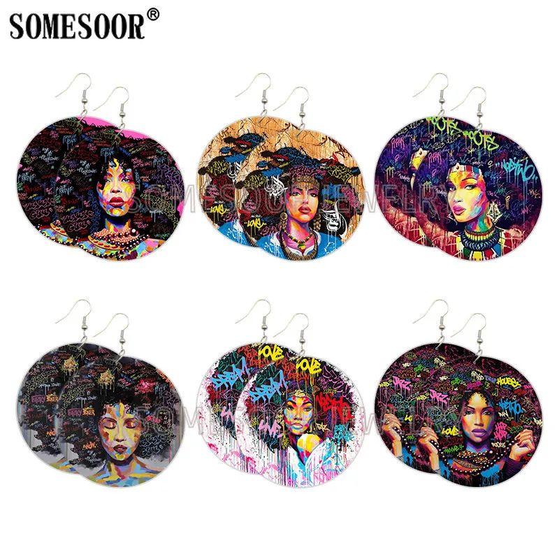 

SOMESOOR Both Sides Printed Afro Curls Graffiti Wooden Drop Earrings Black Natural Hair Dope Loops Dangle Jewelry For Women Gift