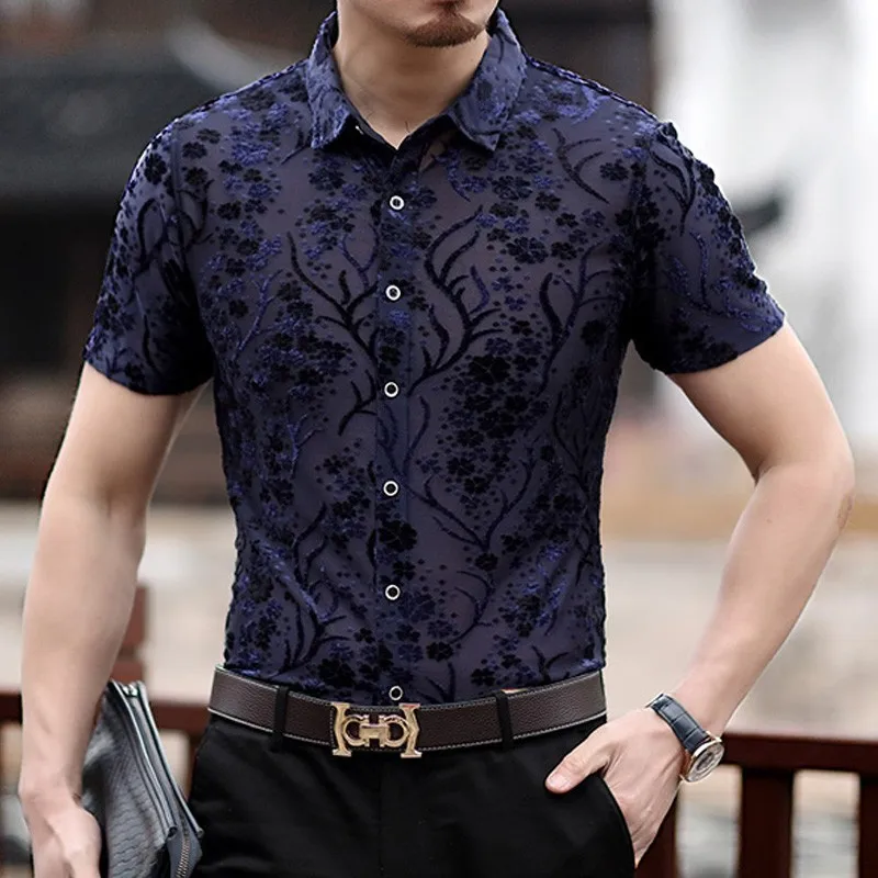 Черная синяя летняя уличная рубашка прозрачная с коротким рукавом Camicia Uomo Camisa