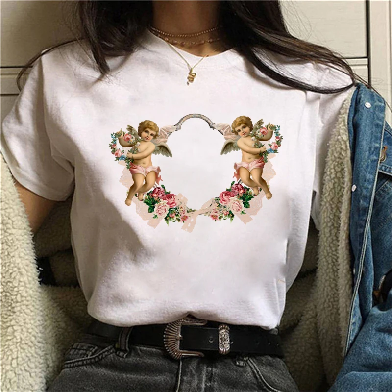 

Women Vintage Style Fashion Realistic baby angel Print Funny Summer T shirt Women Vogue Princess Short T Shirt