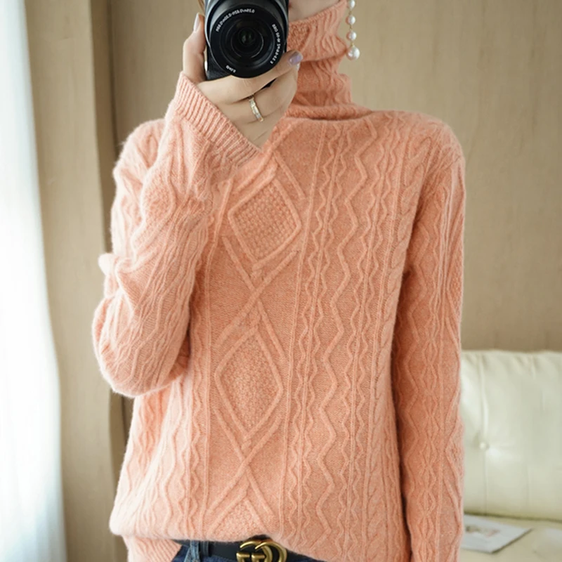 

LHZSYY Autumn and Winter Women's 100% Wool Sweater Long-Sleeved Twisted Pullover Cashmere Sweater Ethnic High-neck Loose Top