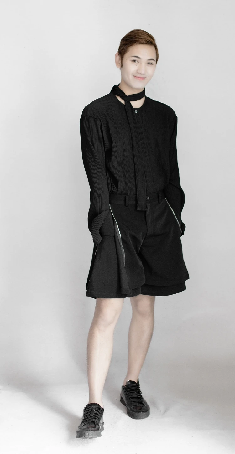 Мужские шорты на молнии с вышивкой широкими штанинами черные повседневные