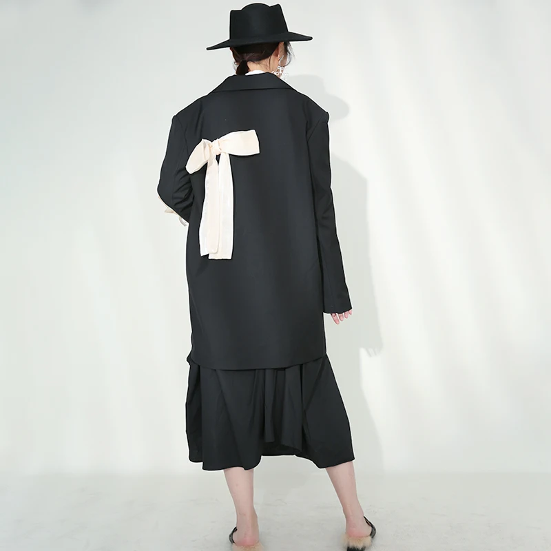 

[EAM] Women Black Vintage Big Size Bow Blazer New Lapel Long Sleeve Loose Fit Jacket Fashion Tide Spring Autumn 2021 1DD728001