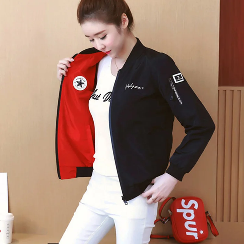 

2021 Korean Autumn Women Windbreaker Bomber Jacket Baseball Coats Long Sleeve Of The Double-sided Wearable Basic Jackets Outwear