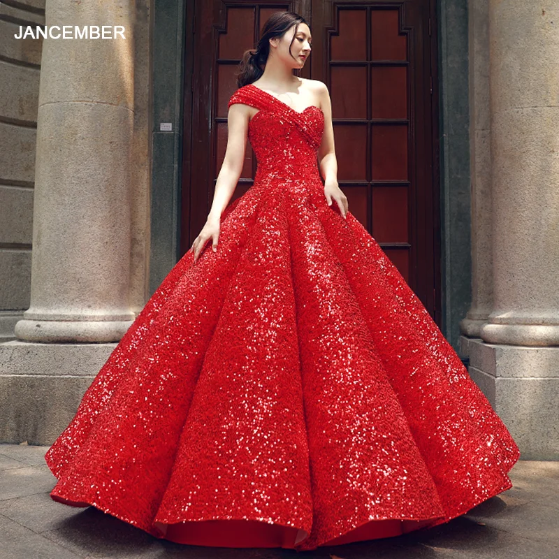 Женское вечернее платье RSM66567 блестящее пышное в пол с блестками на одно плечо |