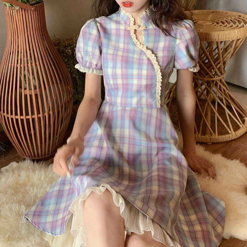 

Sweet Dresses Summer 2021 Women Vintage Gothic Lolita Lace Ruffled Plaid Preppy Dress Slim Chinese Cheongsam Short Sleeve Dress