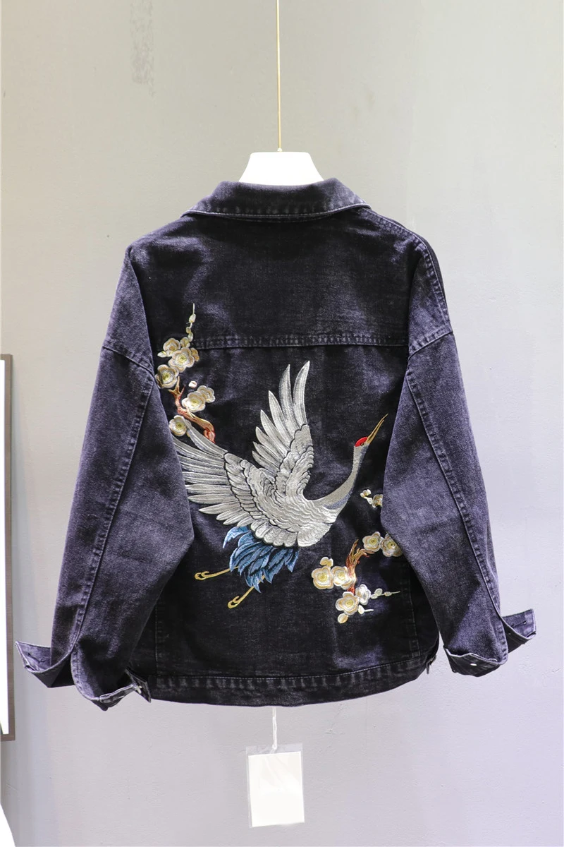 

2021 Spring Loose-Fit Denim Jacket Handsome Boyfriend Wind Heavy Embroidery Small Crane Fashionable Black Jacket Women's Coat