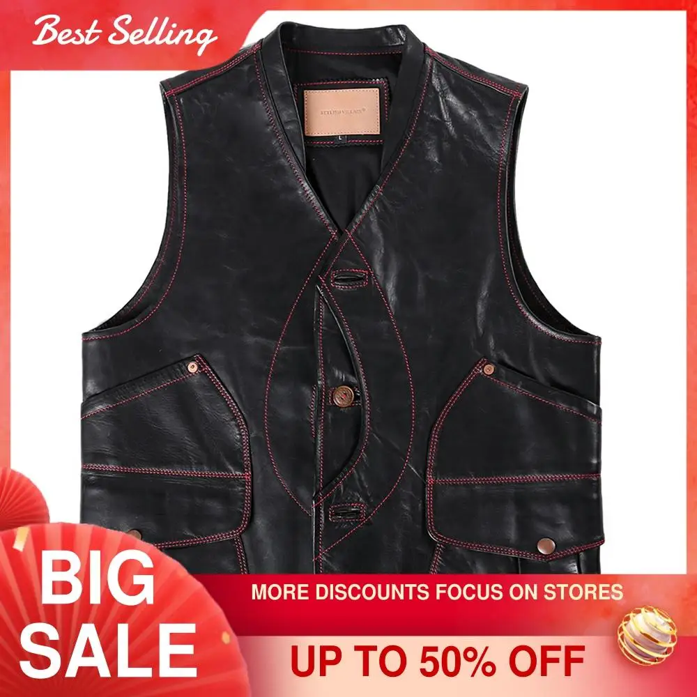

2021 Black Japan Casual Style Genuine Leather Vest Men Large Size 4XL Real Natural Horsehide Spring Slim Fit Short Coat