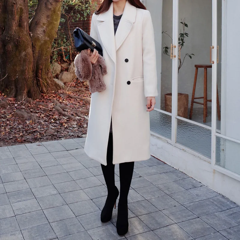 Осень Зима Новый женский Повседневный шерстяной Тренч двубортное длинное пальто