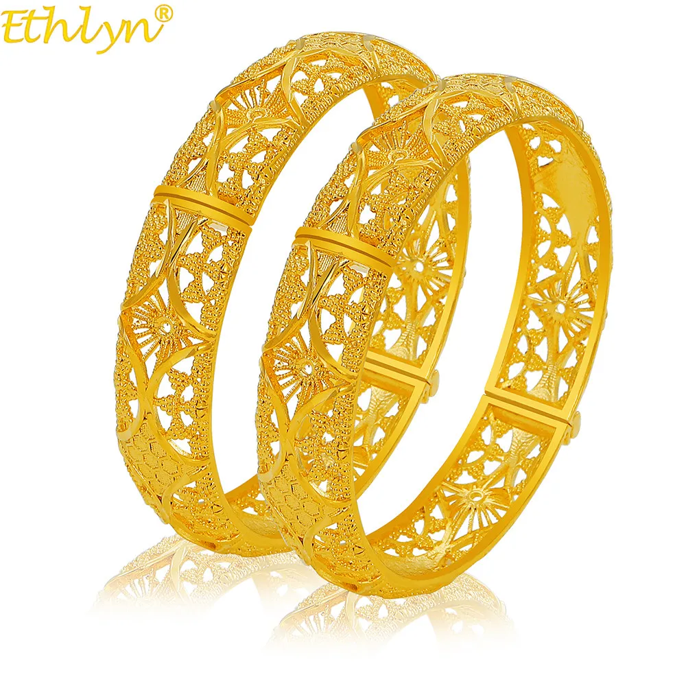 

2 pcs/lotLuxury Gold Color Ethiopian Cuff Gold Bangles For Women Dubai Open Bangle Bracelet Bride Wedding Jewelry MY40