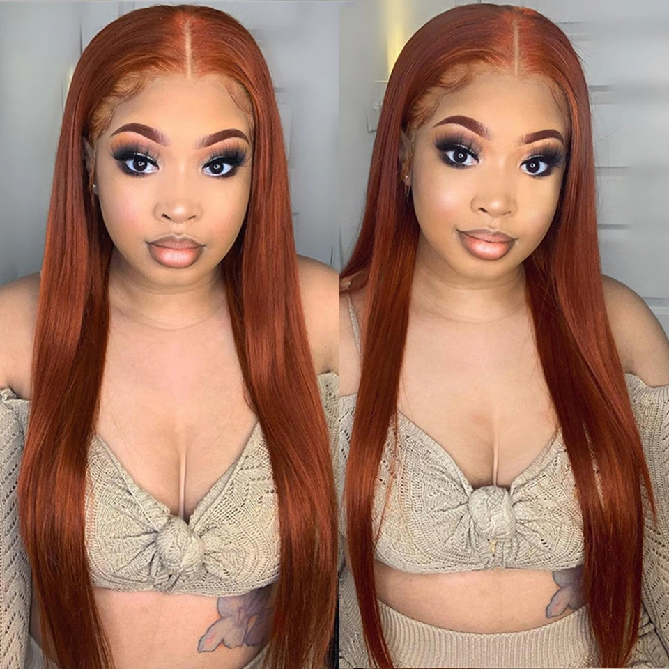 

Прямой цветной парик 13X4 из человеческих волос со шнуровкой спереди, имбирный оранжевый T-образный парик, фронтальная шнуровка для черных же...