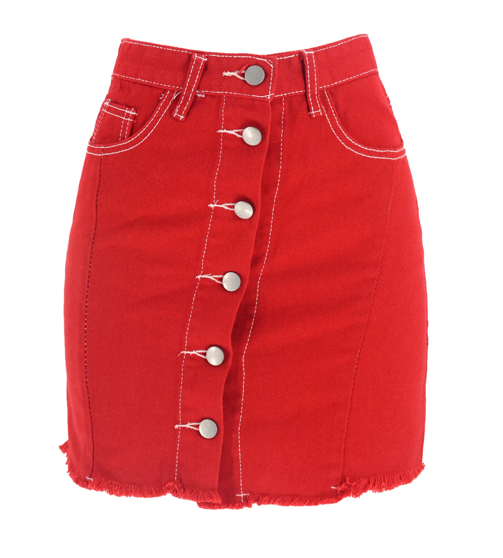 

2021 European American Red Button Decoration High Waist Denim Women's Spring and Summer Fashion Versatile Skirt