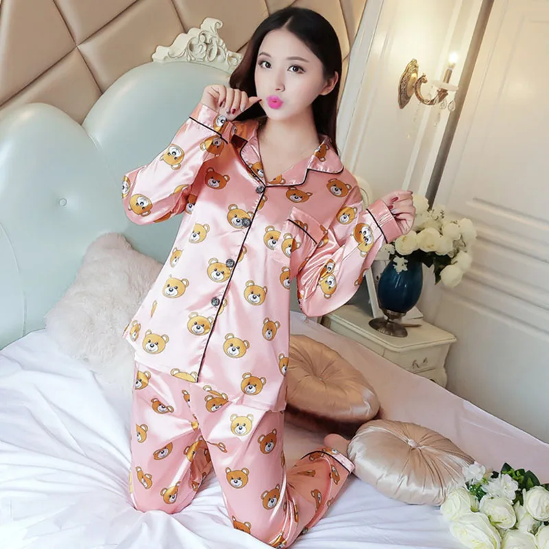 Женская одежда для сна с рисунком из мультфильма 2 шт. шелковая длинными рукавами