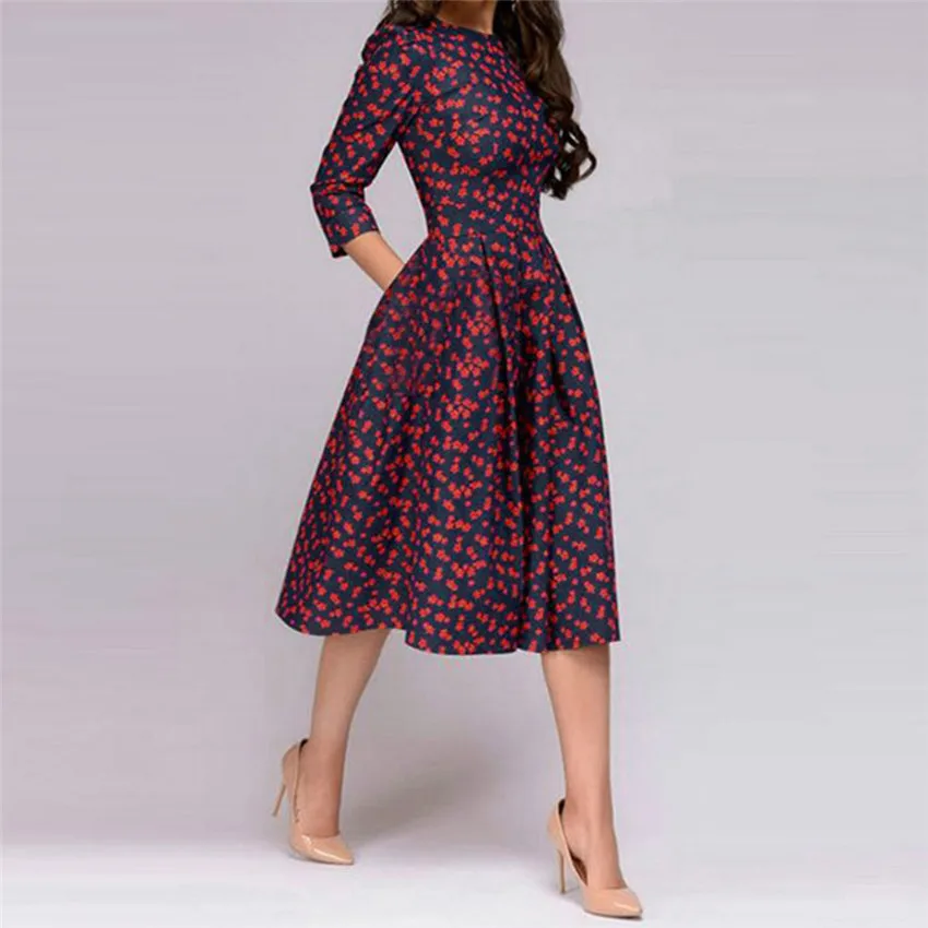 Women Summer Dresses 2020 Floral Print Vintage Formal Dress Elegant Midi Evening Sundress 3/4 Sleeves Vestidos De Festa Longo | Женская