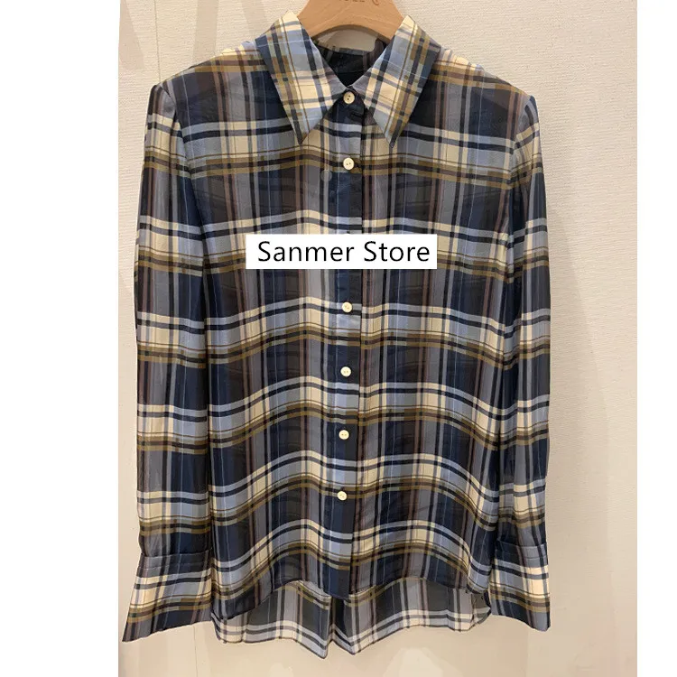 

Women's Plaid Silk Blouse Long Sleeve Simple Turn-down Collar Single Breasted Office Lady Shirt and Top 2020 New