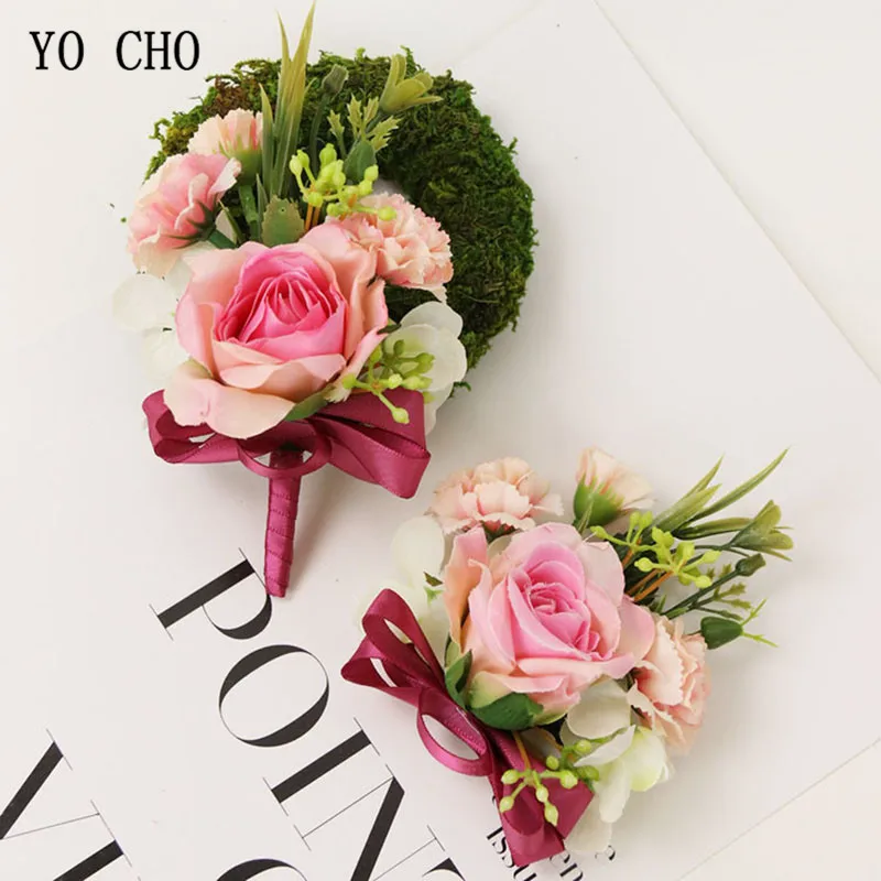 

YO CHO Artificial Flower Wedding Boutonniere Wrist Corsage Men Brooch Pins Silk Rose Groom Boutonniere Wedding Bracelet Corsages