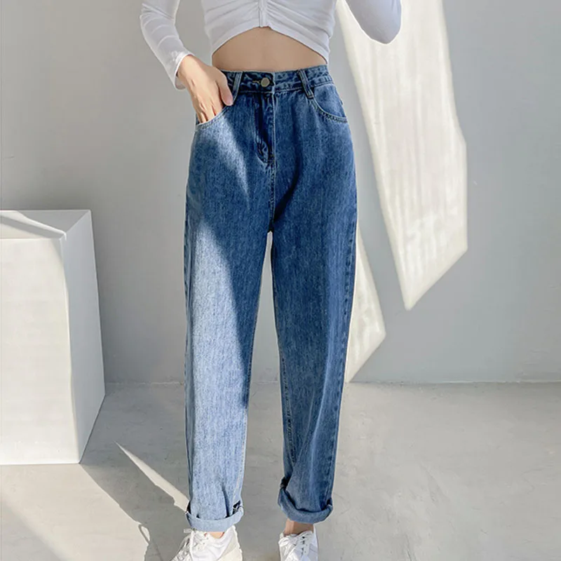 

2021 Spring New Korean Style Retro Contrast Pocket High Waist Straight Loose Wide-leg Harlan Denim Trousers Female ins Tide