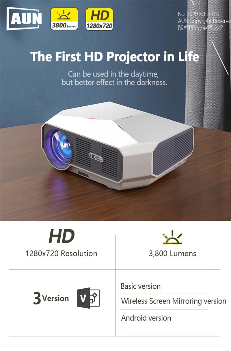 Aon ET HD мини-проектор, 1280x720 P, видео-проектор. 3800 Яркость. 3D Кино. Поддержка 1080 P, HD-IN, USB(опционально версия Android