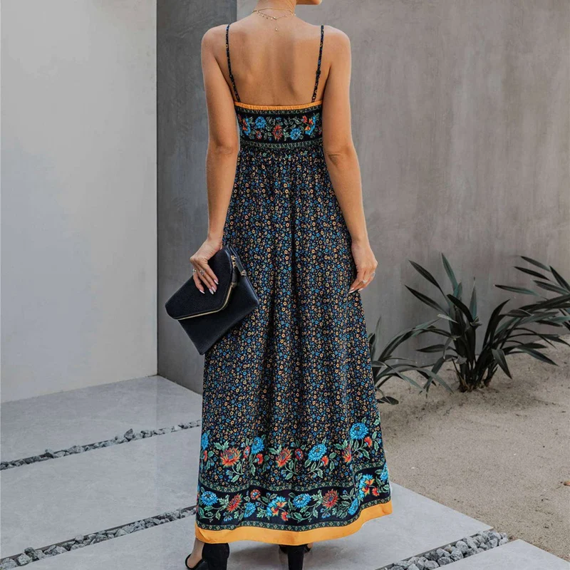 

2x Women's Spaghetti Maxi Dress V Neck High Waist Backless Adjustable Straps Floral Boho Dress XL Dark Blue & Apricot