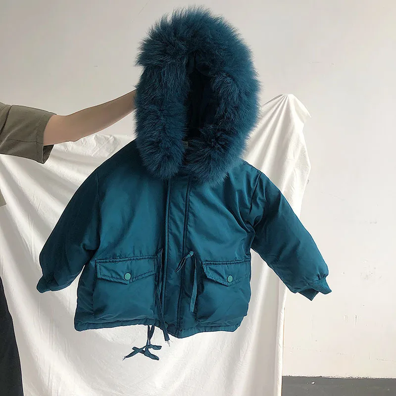 

3 colors girl and boys thicken white duck down jackets 2019 winter new warm real fur collar hooded coats children outerwear 1165