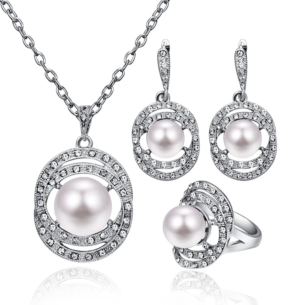 TSHOU153 Серебро Жемчужное ожерелье серьги кольцо три Набор для вышивки крестом