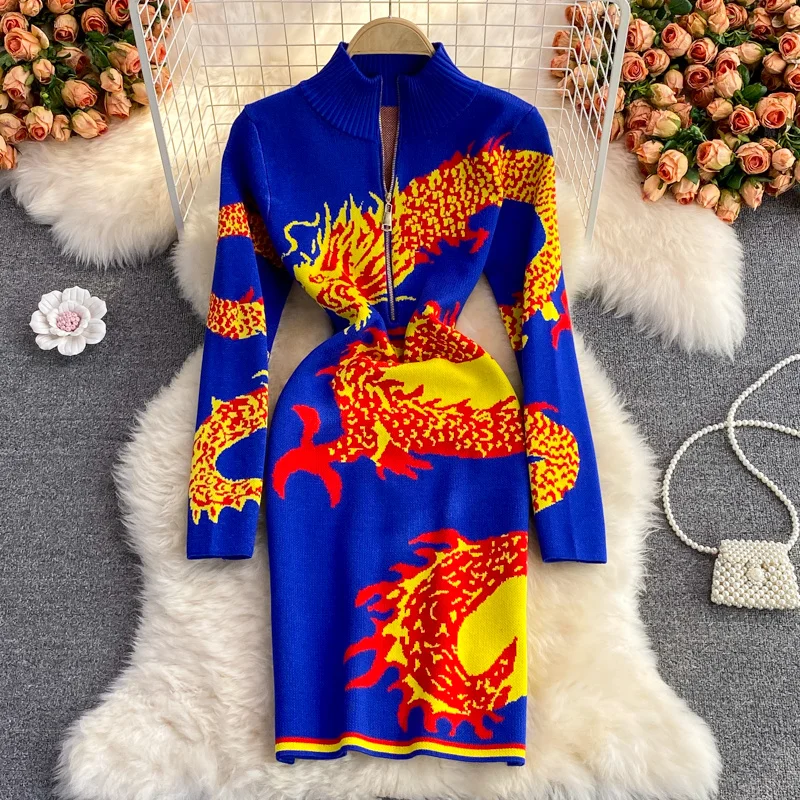 

Осень-зима 2021, эластичное вязаное платье на молнии с воротником-стойкой и принтом дракона, модное платье с длинным рукавом и сумочкой на бед...