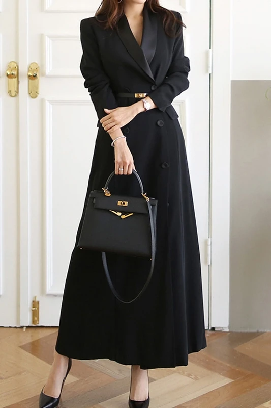 

XUXI Autumn-Winter 2020 Women Office Runway Designer Windbreaker Long Trench Coat, Black Collar Slit Coat, Clothing FZ3177