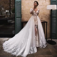 luxury mermaid wedding dresses long sleeve tulle detachable train 2 in