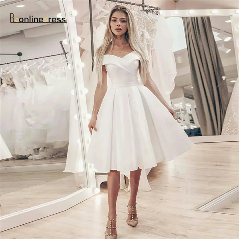 Bbonlinedress Белое Атласное платье для выпускного вечера с открытыми плечами Короткие