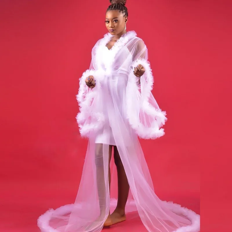 

Pink Maternity Photoshoot Dresses Ruffles Tulle Sweep Train Robe Dressing Gown Bridal Fluffy Tulle Maternity Dress Custom Made