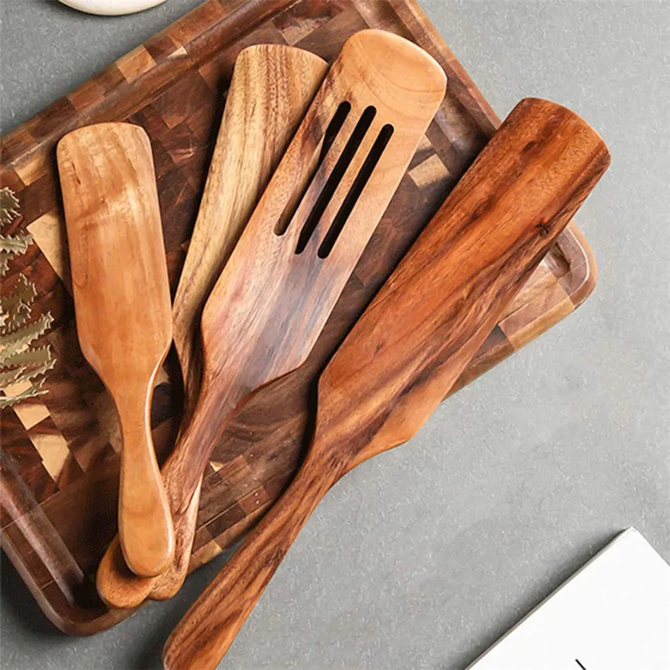 

3PCS/SET Teak Wood Natural Long Handle Spatula Kitchen Turner Non Stick Cooking Utensils Wooden Spatula Slotted Turner Set