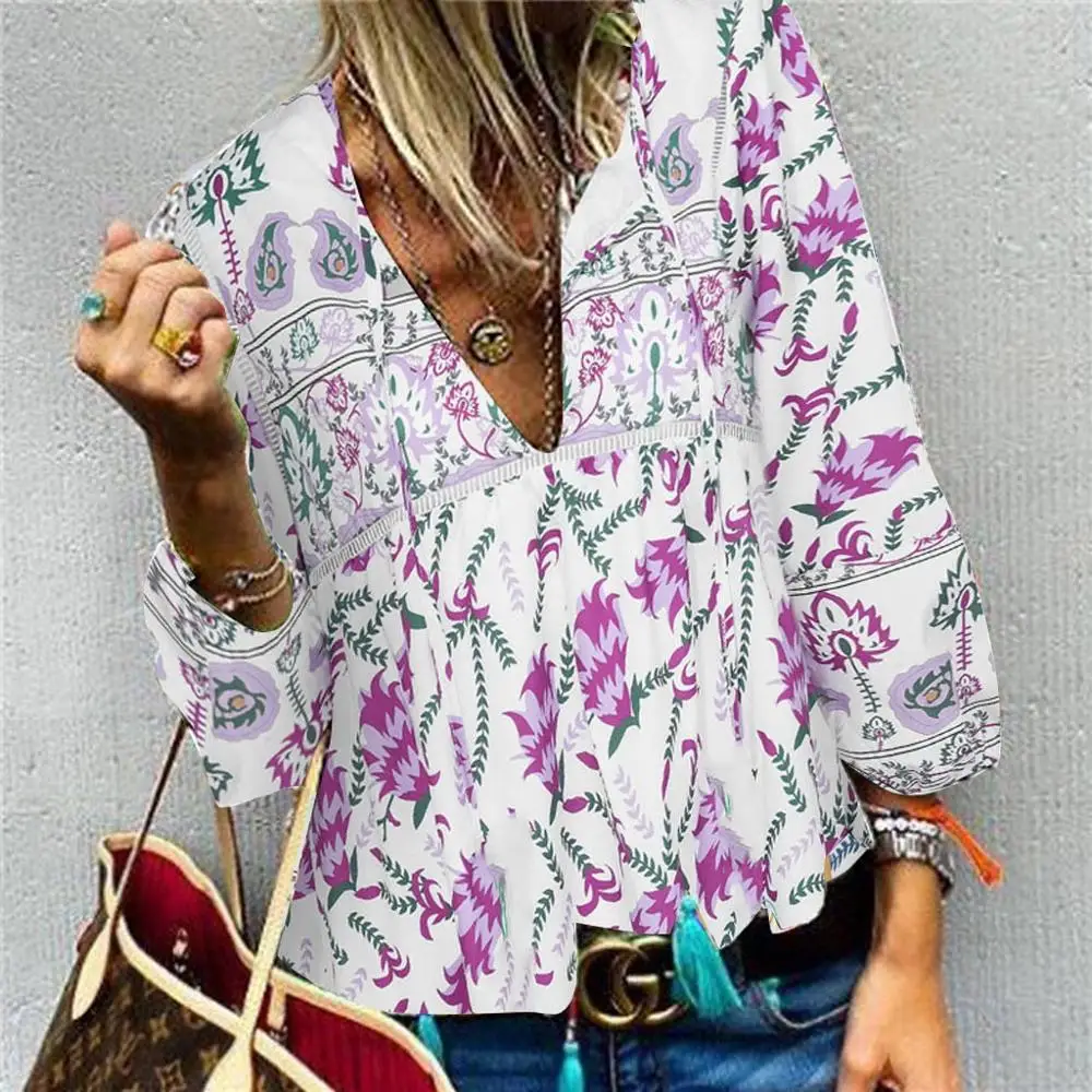 

Women Casual tops Irregular Floral Print Patchwork Long Sleeve Casual Tassel Shirt Top female ladies camiseta mujer hot BB3M