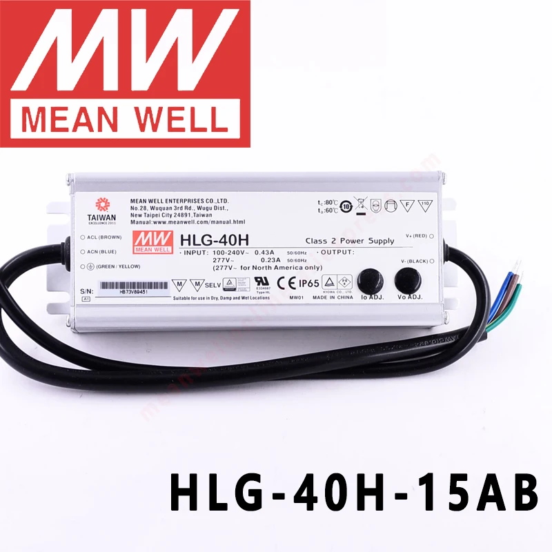 

Mean Well HLG-40H-15AB for Street/high-bay/greenhouse/parking meanwell 40W Constant Voltage Constant Current LED Driver