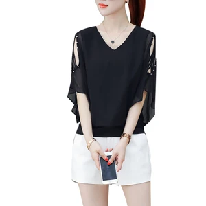 Женская шифоновая блузка, однотонная, с V-образным вырезом и коротким рукавом, с открытыми плечами, весна-лето, DD8610