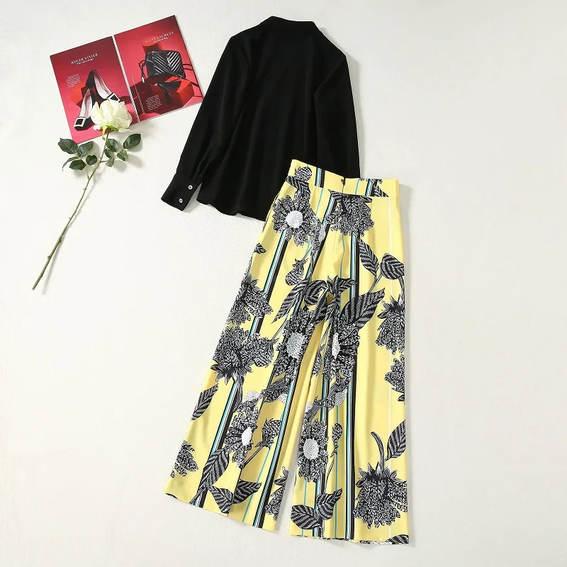 

High Quality Pant Suits 2020 Spring Summer 2 Piece Women Long Sleeve Black Shirts+Floral Prints Wide Leg Yellow Pants Set