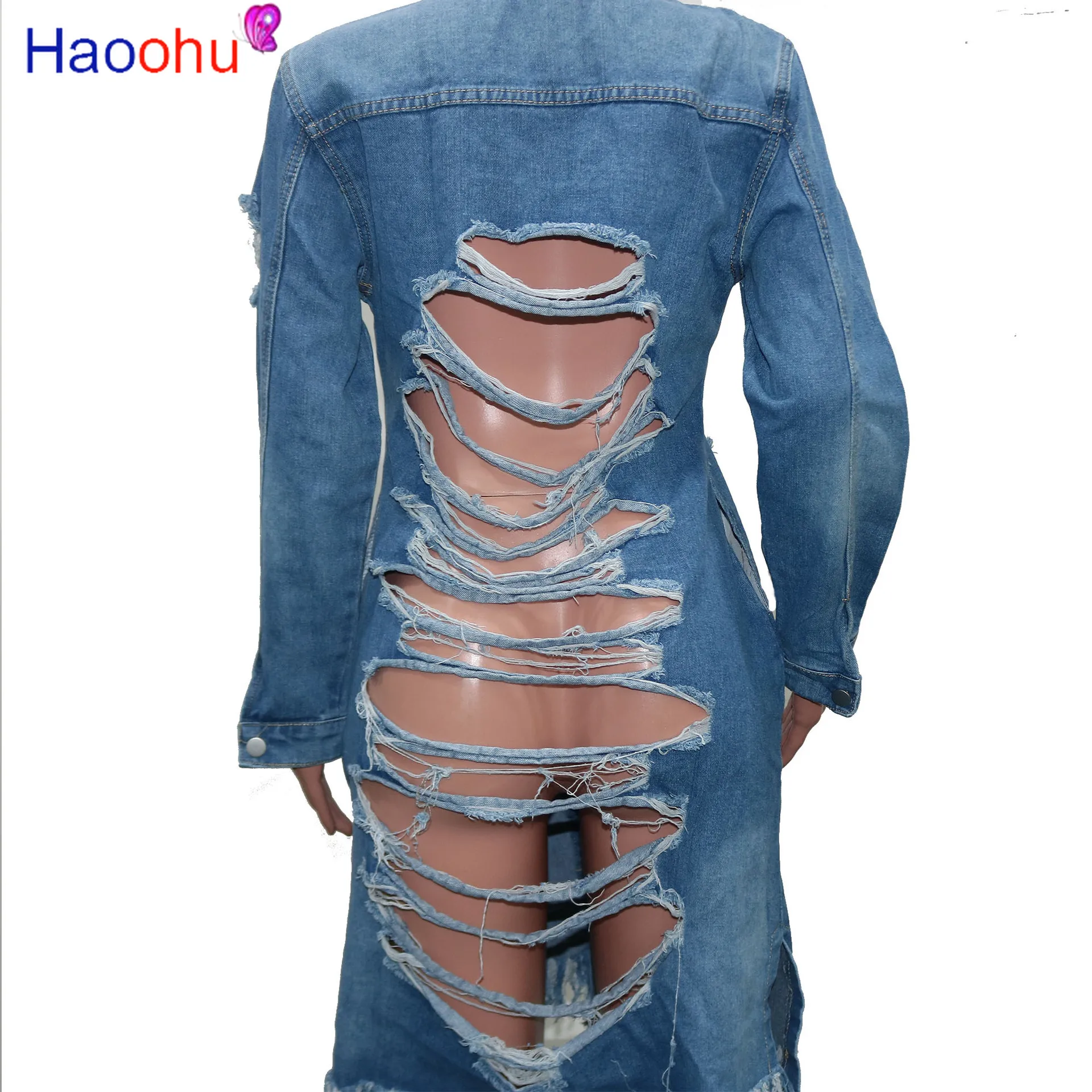 

HAOOHU Fall Women Autumn Winter Full Sleeve Denim Jackets Button Streetwear Jeans Long Coats Hole High Street Trench