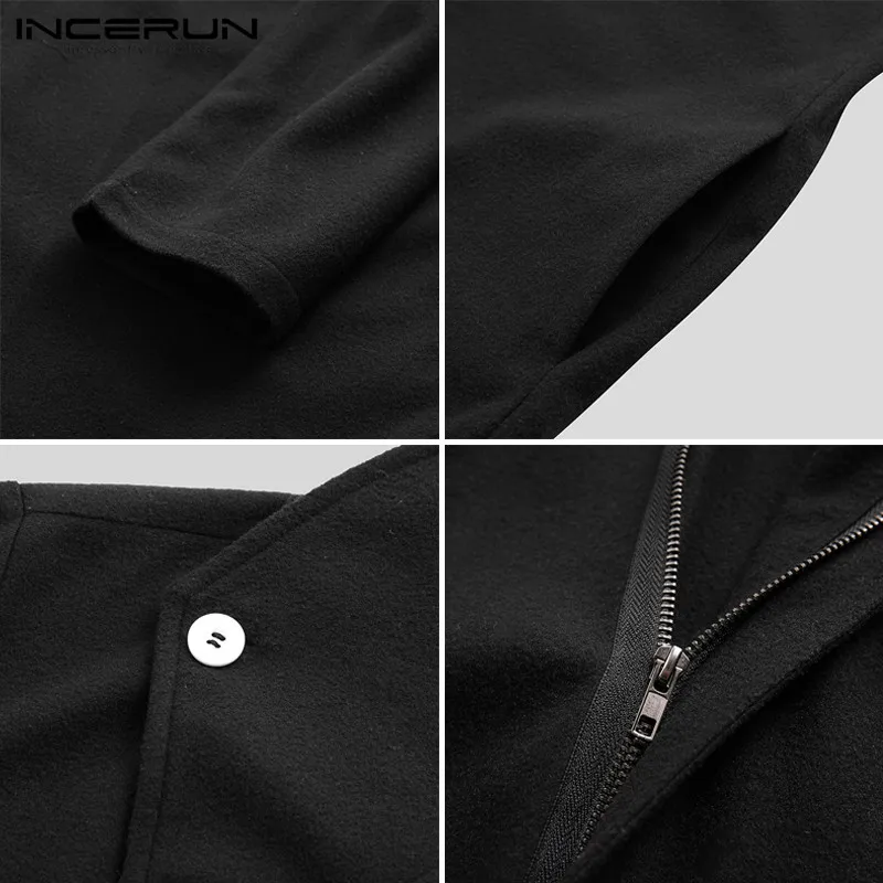 

INCERUN Winter Fashion Men Jackets Coats Lapel 2021 Solid Zipper Streetwear Faux Woolen Trench Casual Long Sleeve Men Overcoats