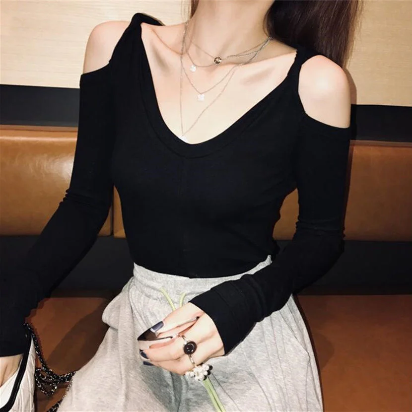 

Long Sleeve Off Shoulder Bottoming Sexy T Shirt Women Tshirt New Style Western Style Slim Fit T-shirt In Autumn And Winter Vogue
