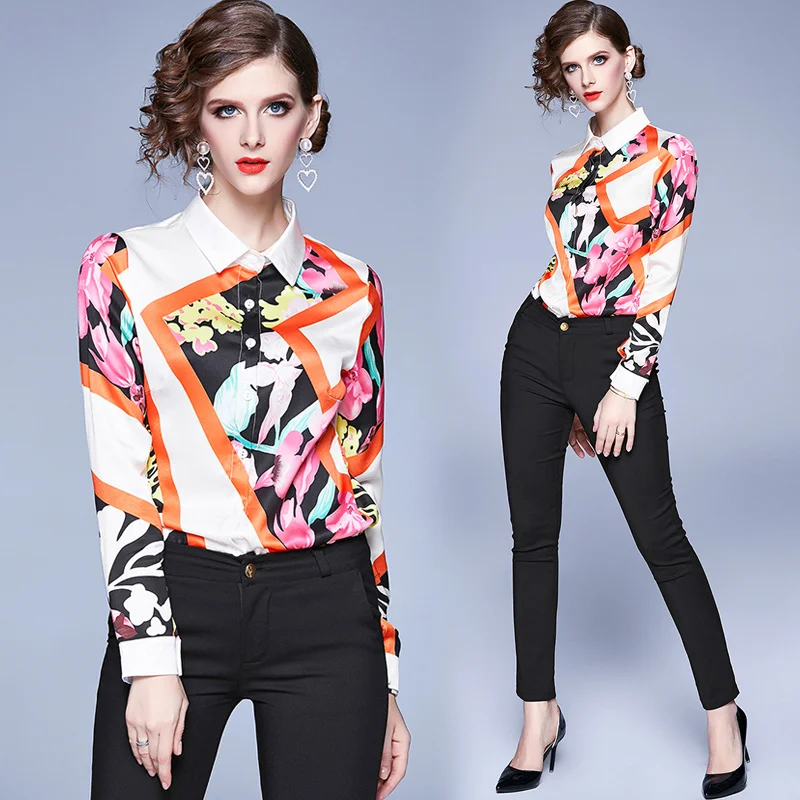 

Women's Blouse Print Chiffon Girl's Polo Shirt Long Sleeve Top New Loose Clothing Plus Size Summer Office Lady Blusas Houthion