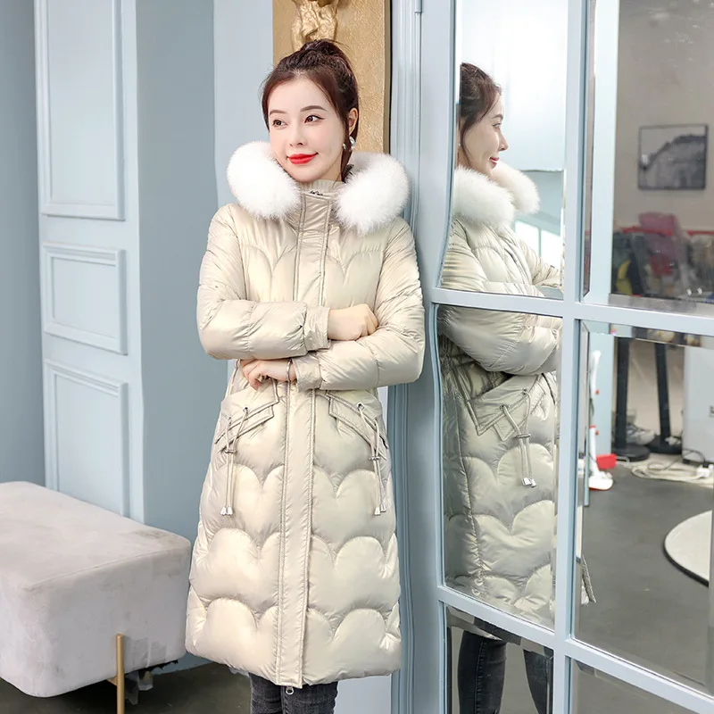 Winter Coats for Women 2023 Big Fur Collar Cotton Parkas New Shiny Fabic Midum-length Hooded Padded Jacket Fashion Women Outfit